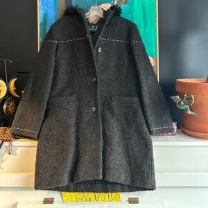 Utex Design Wool Blend Boucle Hooded Coat S Brown Black Trim Made in Romania